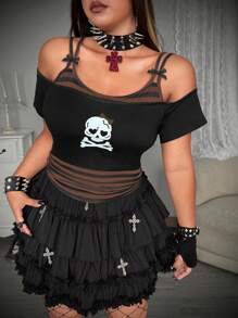 Whyspr Plus Size Summer Fashion Contrast Stripe Patchwork Off-Shoulder Camisole T-Shirt - Coffee Brown - View 4