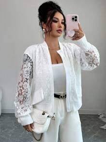 Elenzga Women's Elegant Versatile Loose Stand Collar Patchwork Thick Lace Jacket, Autumn/Winter - White - View 1