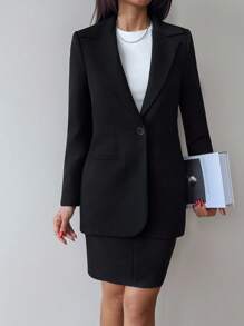 SHEIN Women Solid Color Button And Pocket Detailed Blazers - Black - View 3