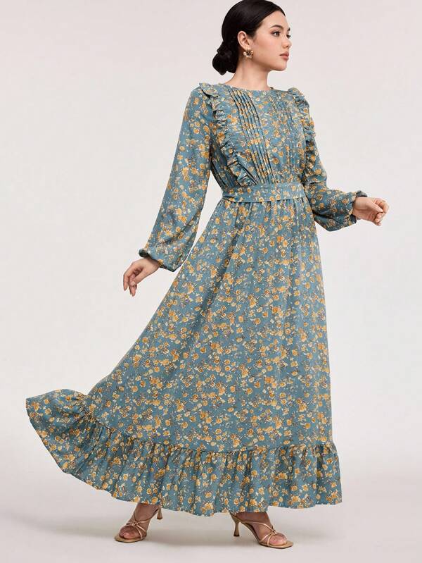 Veilorie Pleated Panel Ruffle Trim Lantern Sleeve Self Belted Modest Long Sleeve Dress