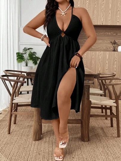 Breezaya Plus Size Women's Sexy Solid Color Backless Halter Maxi Dress, Vacation