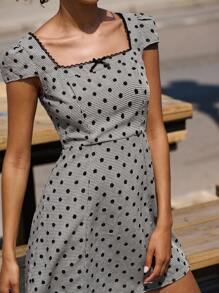 lacRébo 复古风格波点迷你连衣裙，方领泡泡袖，秋季连衣裙度假连衣裙外出连衣裙返校连衣裙秋冬