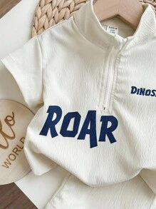 2pcs Baby Boy Summer Casual Korean Style Cute Letter Print Stand Collar Top Jacket And Shorts Set - Multicolor - View 3