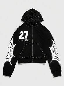 ROMWE MEN Street Life Men's Loose Fit Applique Spider Web Graphic Zip Up Hooded Sweatshirt , Fall - Black - View 1