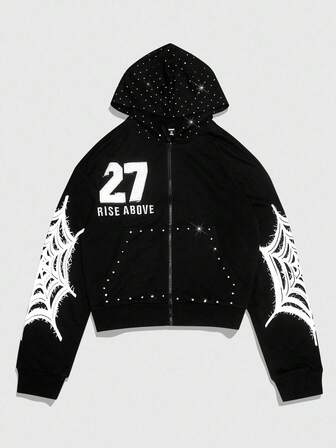 Street Life Sudadera con capucha con cremallera y gráfico de telaraña aplicado, corte holgado para hombre, otoño