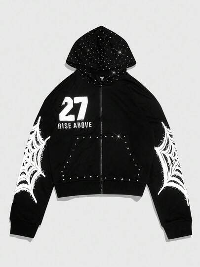 Street Life Men's Loose Fit Applique Spider Web Graphic Zip Up Hooded Sweatshirt , Fall