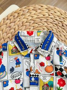 SHEIN 2 件套婴儿男童/女童休闲百搭可爱卡通图案短袖 Polo 衫和松紧腰短裤适合夏季、春夏穿着