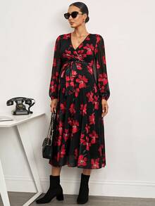 MaterniWear 办公室,商务休闲女装,秋装,秋装,孕妇装秋装孕妇装孕妇花卉印花重叠V领灯笼袖优雅连衣裙 - 黑色 - 查看 6