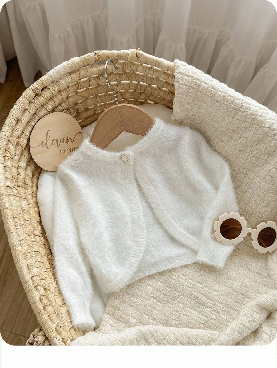 Baby Girl Cute Solid Color Fluffy Knitted Short Cardigan, Autumn/Winter - White - View 1