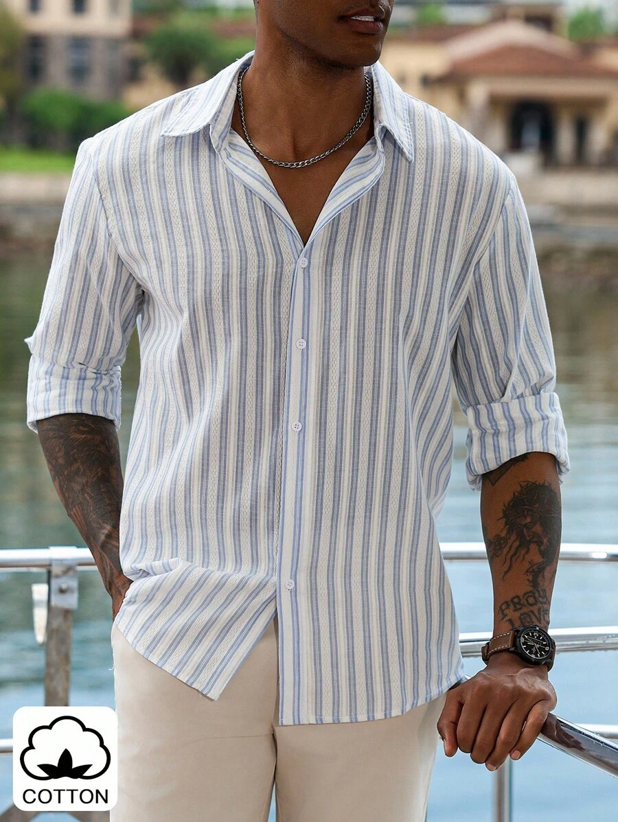 Manfinity Homme 男士纯棉修身基础款蓝白条纹衬衫，秋季款，复古风格，长袖上衣 - 藍白色 - 查看 1