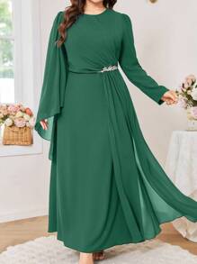 Modelyn 大码女式优雅水钻装饰修身腰部圆领派对连衣裙 - 綠色 - 查看 4