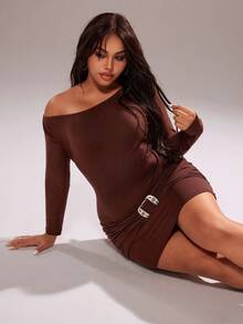 Rustia Sexy Bodycon Asymmetric Shoulder Ruched Waist Mini Dress Fall Cloth For Women - Brown - View 5