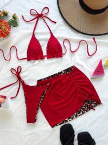 Soleia Plus Size Women's Reversible Leopard Print & Red Color Matching Bikini 3 PiecesBikini Set Set For Summer Beach Vacation Cheetah Print - Multicolor - View 2