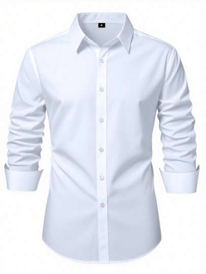 Manfinity Mode Men's Fashion Casual Long Sleeve Shirt , Solid Color Button Long Sleeve Shirt, Formal, Old Money
