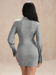 SHEIN Unity 2件套休闲纯色长袖连体裤和迷你裙套装 - 灰色 - 查看 2