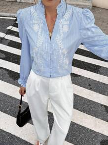 SHEIN Frenchy 女式植物刺绣条纹荷叶边V领长袖衬衫