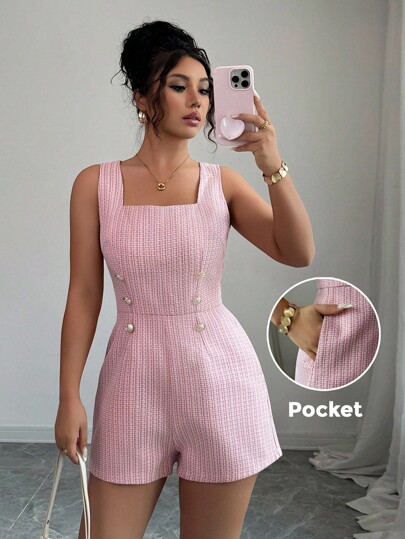 Elenzga 女士粉色粗花呢纹理面料小格子方领无袖双排扣金属纽扣装饰腰部收紧连体裤，优雅精致，适合感恩节和万圣节