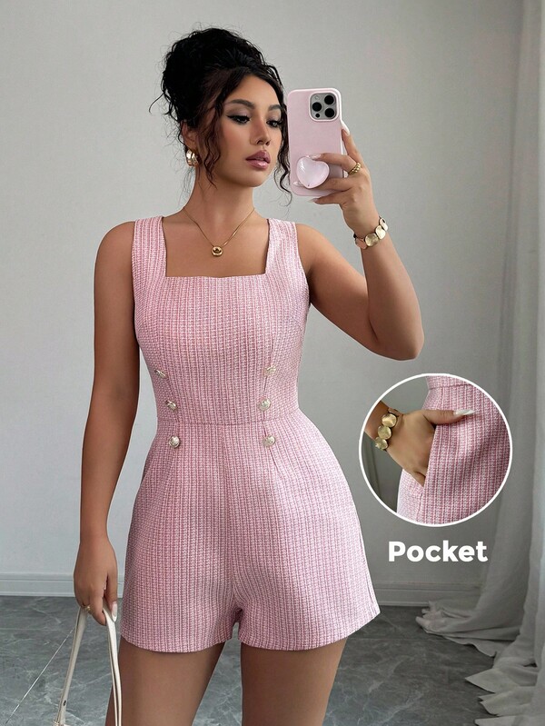 Elenzga 女士粉色粗花呢纹理面料小格子方领无袖双排扣金属纽扣装饰腰部收紧连体裤，优雅精致，适合感恩节和万圣节
