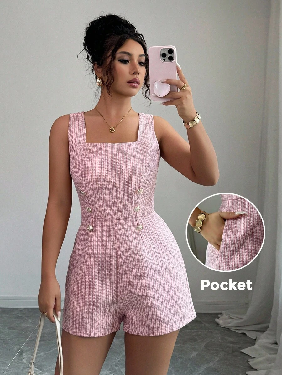 Elenzga 女士粉色粗花呢纹理面料小格子方领无袖双排扣金属纽扣装饰腰部收紧连体裤，优雅精致，适合感恩节和万圣节 - 粉色 - 查看 1
