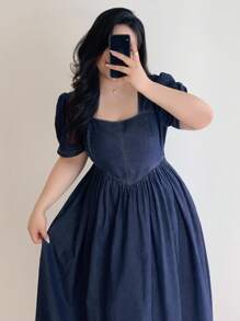 Dazy Plus 深洗蓝色方领短袖长款牛仔连衣裙，夏季 - 深色水洗藍 - 查看 7