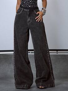 MUSERA 铆钉缝线深色水洗宽松牛仔裤，适合伊比沙岛音乐节、锐舞派对、Y2K 风格、性感铬色、外出、夜生活、牛仔、秋季、街头服饰、颓废风、俱乐部、秋季。服装、女装、女式服装、衬衫、女士服装、女式服装。时尚 - 灰色 - 查看 3