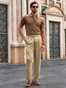 HIMLAND Pantaloni casual da uomo in vita media, gamba dritta, con pieghe, pantaloni con pieghe da uomo in vita alta, pantaloni beige da uomo, pantaloni eleganti da uomo, pantaloni kaki da uomo, pantaloni kaki larghi da uomo, pantaloni casual da uomo