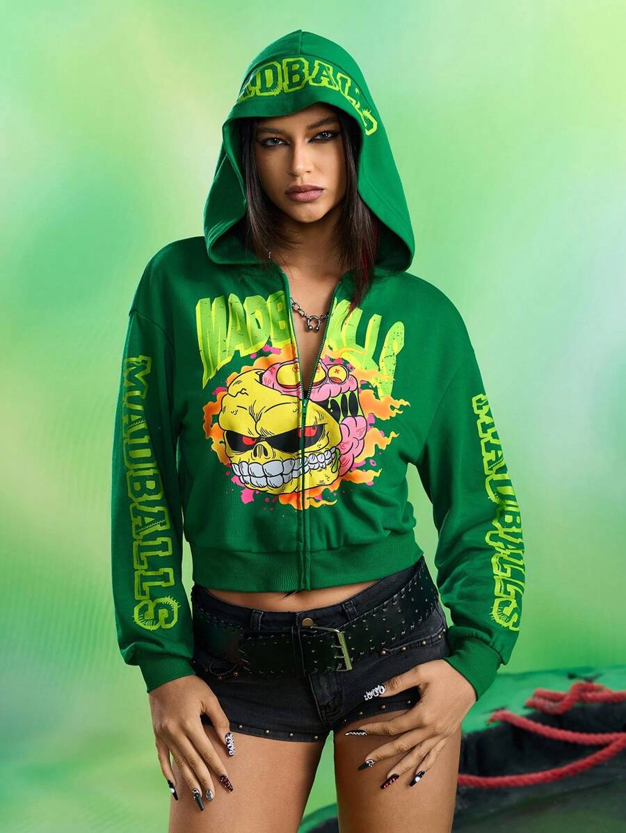 MADBALLS X SHEIN 女士休闲卡通字母图案连帽卫衣 - 綠色 - 查看 1