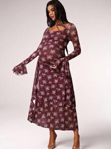 MaterniChic Váy bầu in hoa tay loe viền bèo nhún thanh lịch - Màu Đỏ Sâu - Xem 3