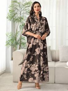 Al Najma 2025夏季新款阿拉伯风格女中袖碎花连衣裙，休闲度假时尚长款衬衫 - 咖啡棕 - 查看 3