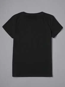 Áo thun cổ tròn in chữ và hoa cỡ lớn dành cho nữ, mùa hè - màu đen - Xem 2