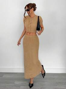 Siren Gaze 秋季女装商务休闲女士办公室服装 2025 新款棕色毛绒针织两件套，女士短袖纽扣上衣和长款针织裙套装，适合工作/办公室日常通勤，秋季服装女士优雅复古风格毛衣套装 - 棕色 - 查看 4