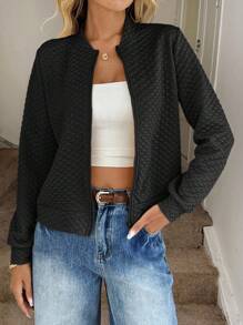 Easowa Women's Quilted Textured Fabric Baseball Jacket, Casual Commuter Elegant Outdoor Sports Home Comfortable Autumn/Winter Black Jacket Women Blazer Jacket Jackets For Women Casual Quilted Jacket Women Zip Up Jacket Women - Black - View 3