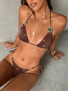 Aloruh 女士优雅性感复古纯绿色闪亮面料混色随机串珠装饰吊带比基尼上衣，女士泳装，女士沙滩装，女士假日装 - 棕色 - 查看 6