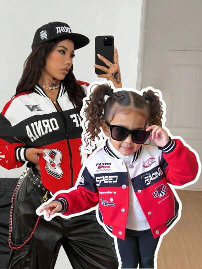 TaviRue Babyflicka Chic Motorcykelstil Färgblock Bokstavstryck Avslappnad Jacka