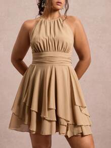 Freevana 大码女式无袖纯色收腰简约休闲连衣裙，时尚优雅 - 卡其色 - 查看 3