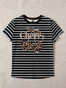 SHEIN EZwear 休闲简约豹纹樱桃印花黑白条纹圆领短袖宽松T恤女夏季 - 彩色 - 查看 5