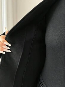 SHEIN Tall 女士休闲立领羊毛混纺修身夹克 - 黑色 - 查看 7