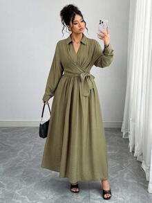 Elenzga 女士优雅复古正式办公室通勤休闲度假下午茶连衣裙，法式精致纯色 V 领腰带 A 字长袖超长连衣裙，军绿色 - 軍綠色 - 查看 6