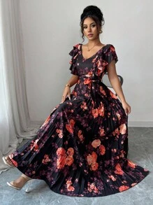 Elenzga فستان نسائي أنيق رومانسي بطبعة رقمية على الرقبة على شكل حرف V، بخصر مكشكش وتنورة على شكل حرف A، بأسلوب عطلة