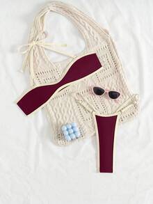 Swim SXY 女式撞色装饰吊带可拆卸肩带丁字裤比基尼套装，性感两件套泳衣 - 彩色 - 查看 5