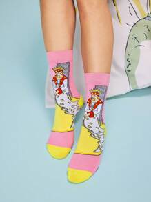 LE PETIT PRINCE X SHEIN 3 đôi tất dài đến bắp chân mềm mại, thoáng khí, thấm hút mồ hôi, thường ngày cho nữ, màu hồng và xanh dương, thời trang và dễ thương, mũi và gót được gia cố để bền bỉ trong mọi mùa, phù hợp với mọi phong cách, mặt trăng và ngôi sao - Nhiều màu - Xem 8