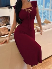 SHEIN 纯色短袖V领系带装饰修身女士休闲连衣裙酒红色连衣裙罗纹连衣裙系带前开襟连衣裙交叉连衣裙荷叶袖连衣裙 - 酒紅色 - 查看 6