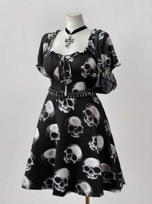 Sunspun Plus Size Women's Fashionable Halloween Skull Print Square Neck Short Dress - Multicolor - View 3