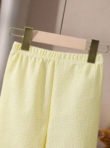 SHEIN Playful Pals 2pcs Girls Striped Lapel Sleeveless Cardigan And Straight Leg Pants Set Back To School School Clothes Summer Holiday - Yellow - View 8