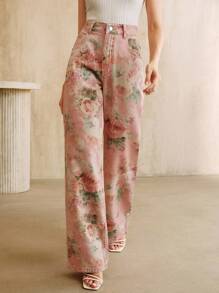 Anewsta Women's New Fashionable Printed Pink Straight Leg Jeans - Pink - View 4