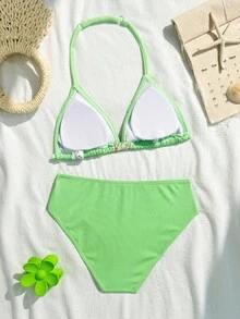 Tween Girl Shell Trim Halter Swimsuit Set, Suitable For Beach Vacation Green Two Piece Bathing Suit Tween Girls Bathing Suits Tween Girls Green Bikini - Green - View 2