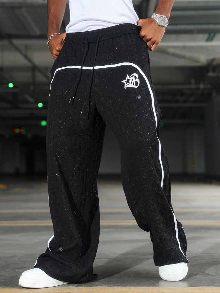 PAVTROS Manfinity Streetrush Street Textured Glitter Men's Pants ,Baggy Streetwear, Street Wear Pants, Y2k Men Pants, 2000s Style, Fall Wide Leg - Black - View 7
