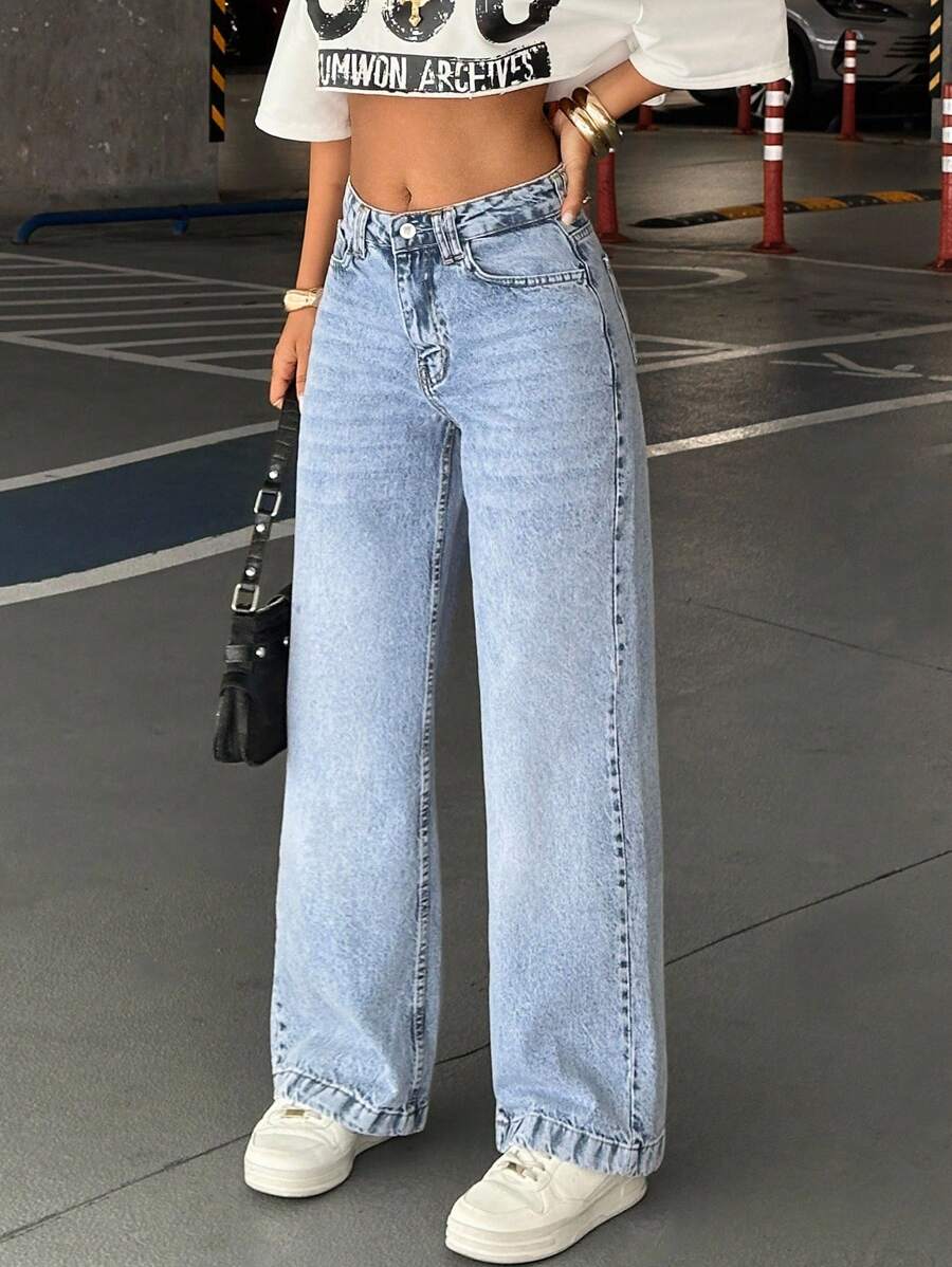 EURMUSE Damen Jeans mit niedriger Taille, weitem Bein, Taschen, locker und vielseitig einsetzbar - Mittele Waschung - Übersicht 1