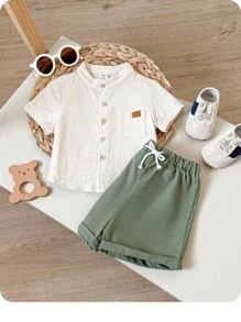 Áo sơ mi ngắn tay cổ đứng trơn cho bé trai có trang trí nơ và quần short thường ngày - Màu xanh Bạc hà - Xem 1