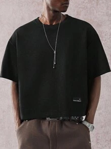 STYNVO 男士夏季纯色圆领短袖休闲宽松T恤，宽松落肩廓形T恤，街头风，短款宽松版型，黑色圆领T恤，春夏秋冬 - 黑色 - 查看 4